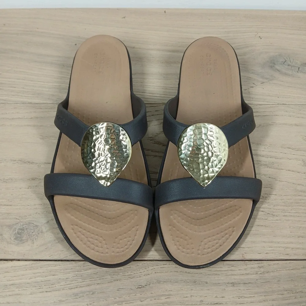 Crocs Sanrah Hammered Circle Sandals Womens 11 Brown Croslite Metallic Slide